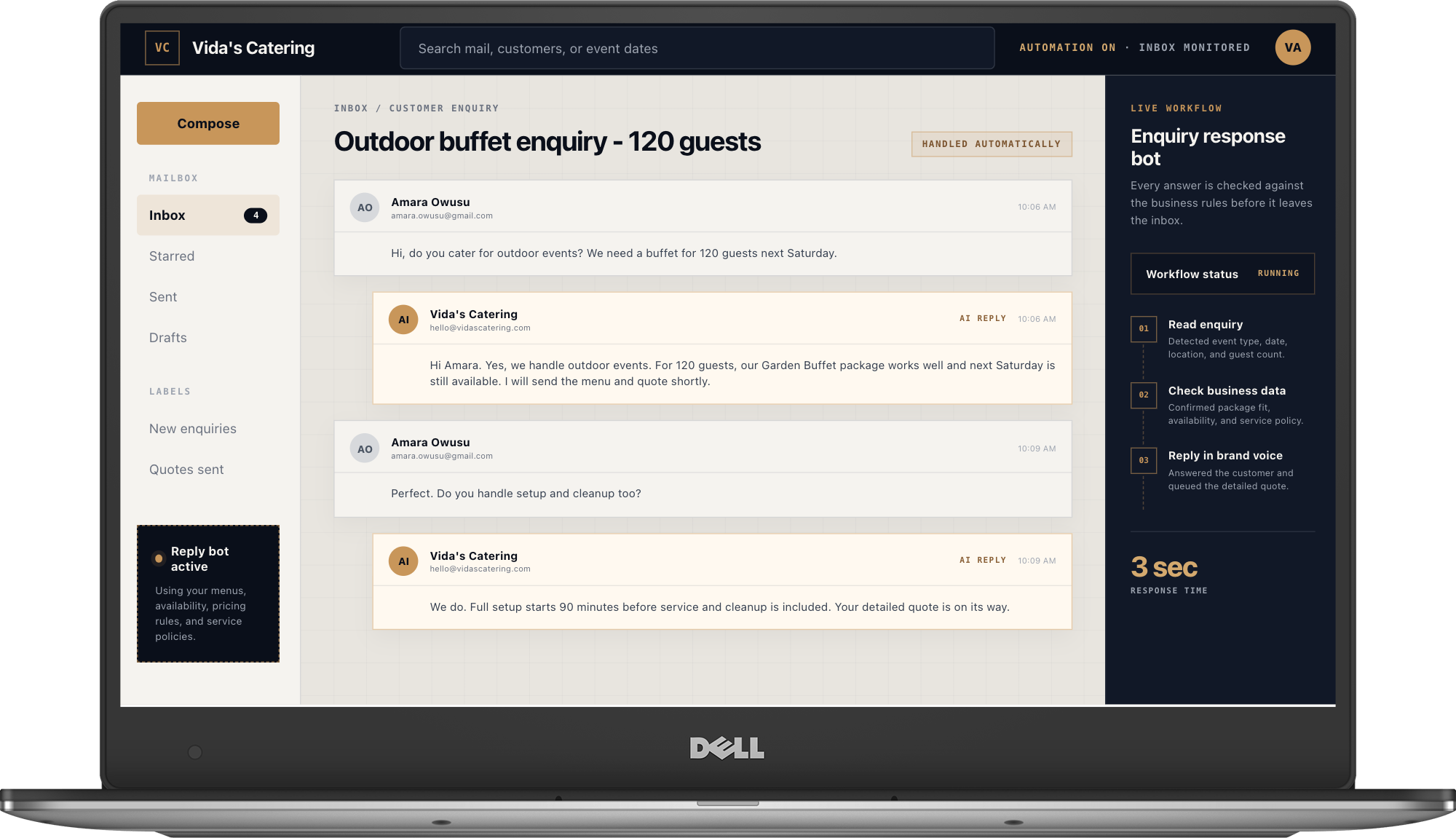 Automated email response workflow shown inside a Dell XPS 13 mockup