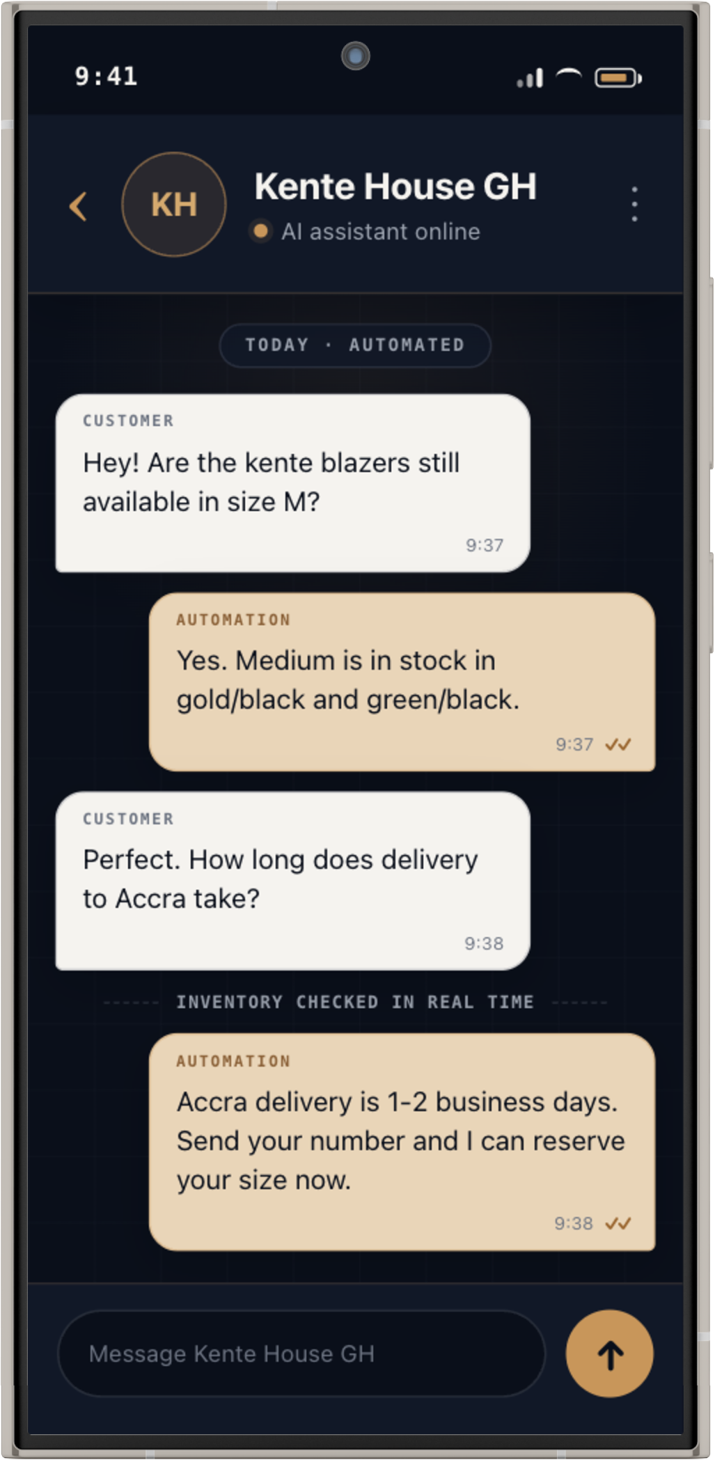 Messaging bot conversation shown inside a Galaxy S24 Ultra mockup